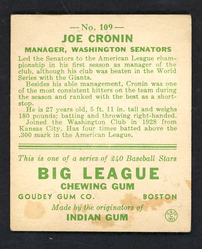 1933 Goudey #109 Joe Cronin Senators VG-EX 569747