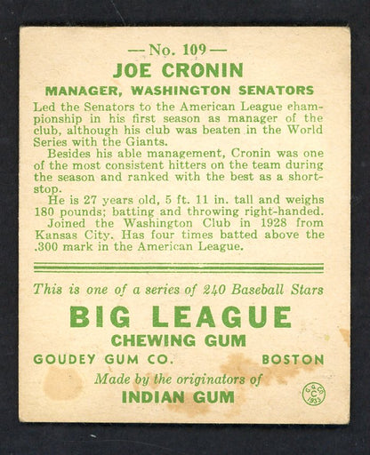 1933 Goudey #109 Joe Cronin Senators VG-EX 569747