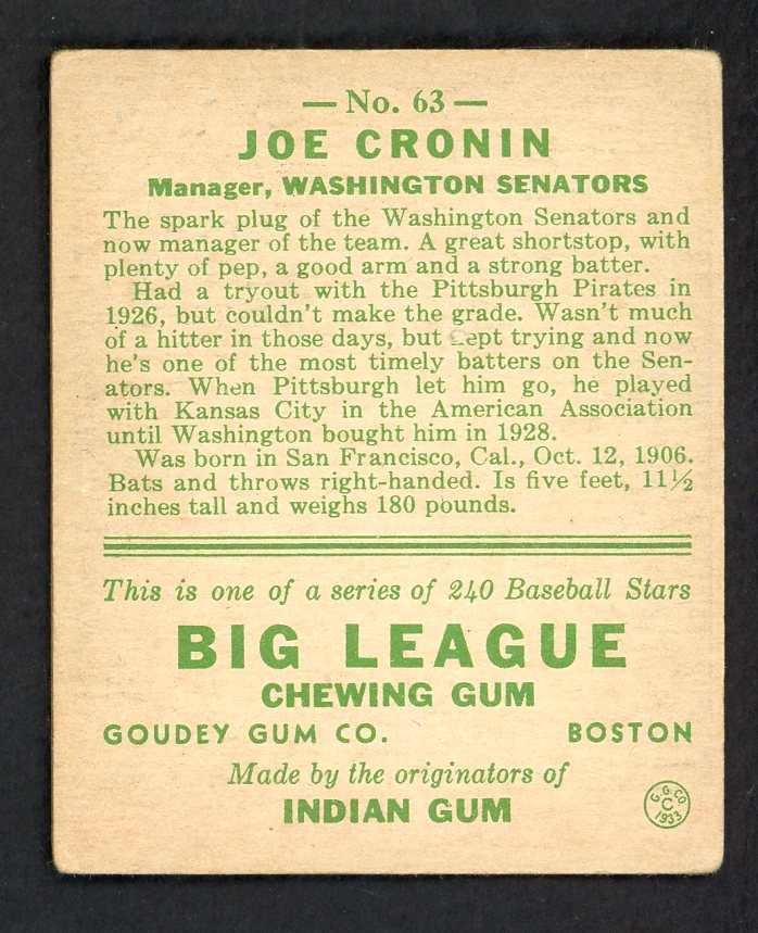 1933 Goudey # 63 Joe Cronin Senators VG-EX 569748