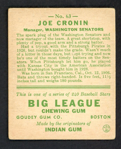 1933 Goudey # 63 Joe Cronin Senators VG-EX 569748