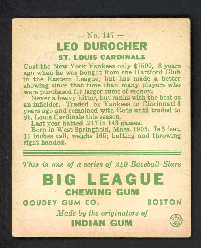 1933 Goudey #147 Leo Durocher Cardinals VG-EX 569749