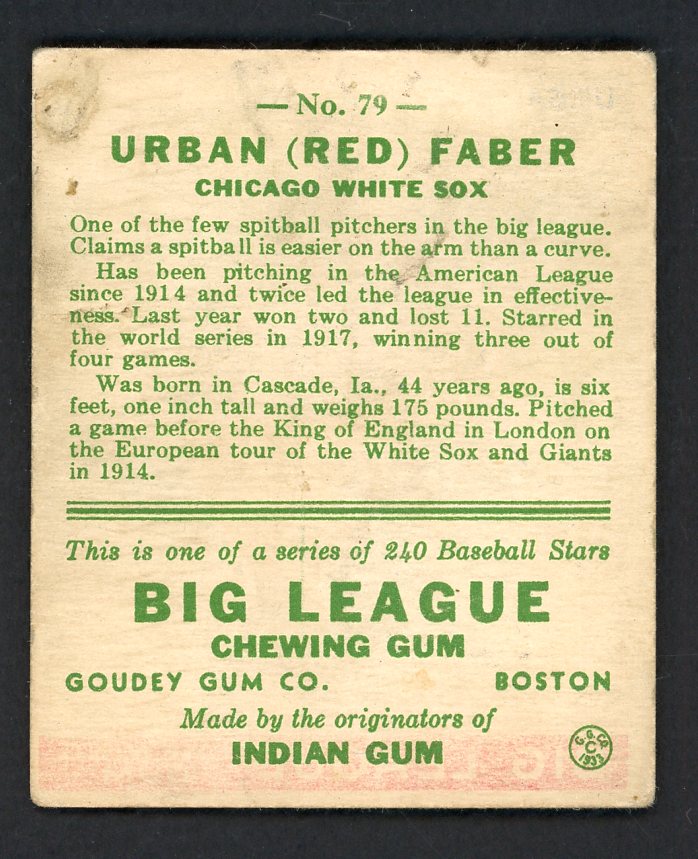1933 Goudey # 79 Red Faber White Sox VG/VG-EX 569750