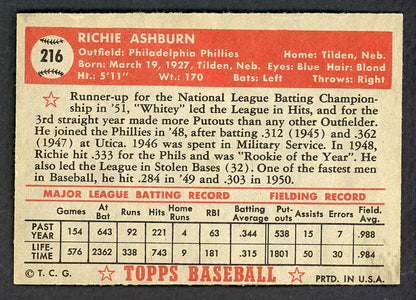 1952 Topps Baseball #216 Richie Ashburn Phillies EX+/EX-MT 569765