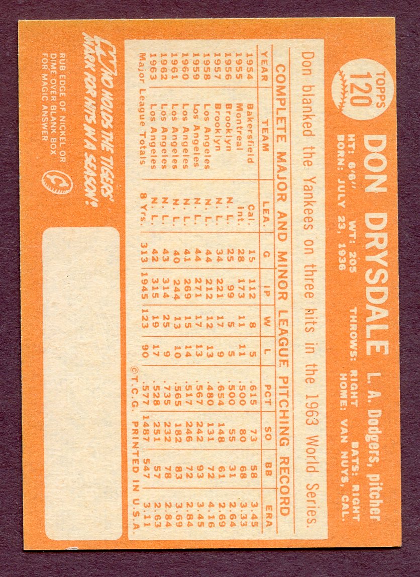 1964 Topps Baseball #120 Don Drysdale Dodgers NR-MT 402270