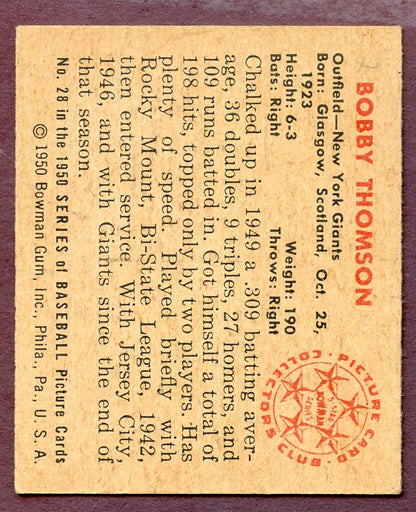 1950 Bowman Baseball #028 Bobby Thomson Giants EX-MT 407772