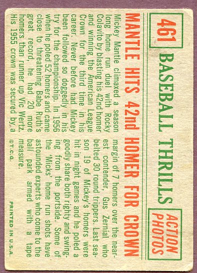 1959 Topps Baseball #461 Mickey Mantle IA Yankees VG-EX 411983