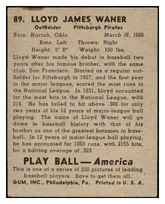 1939 Play Ball #089 Lloyd Waner Pirates EX residue 424812
