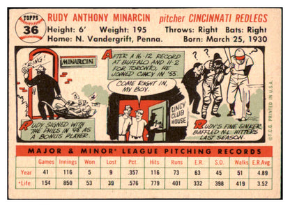 1956 Topps Baseball #036 Rudy Minarcin Reds EX-MT White 428904