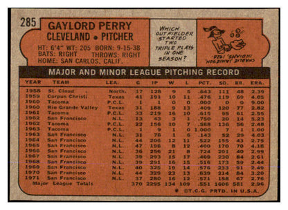 1972 Topps Baseball #285 Gaylord Perry Indians NR-MT 429731