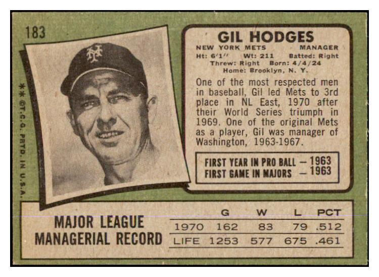 1971 Topps Baseball #183 Gil Hodges Mets EX-MT 429822