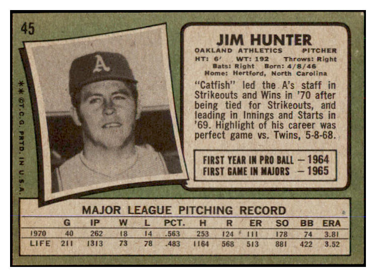 1971 Topps Baseball #045 Catfish Hunter A's EX-MT/NR-MT 429839