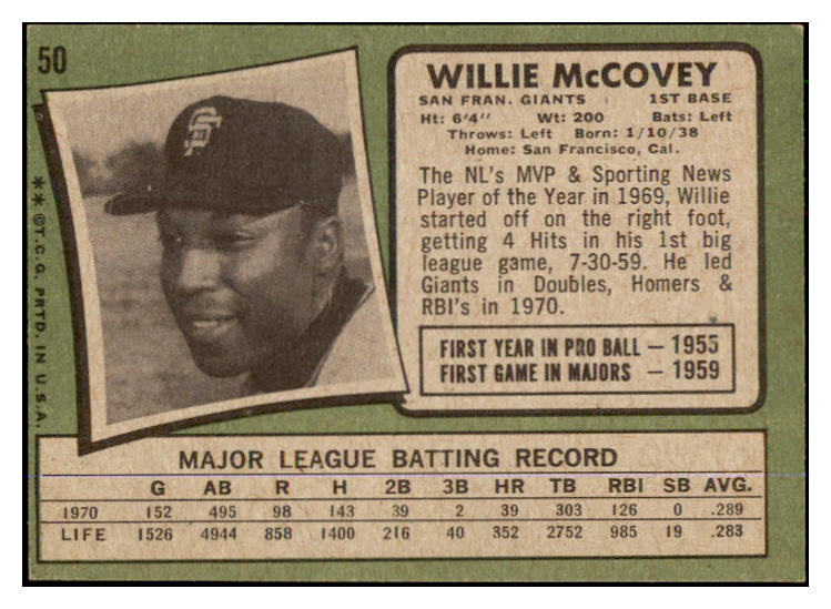 1971 Topps Baseball #050 Willie McCovey Giants EX-MT/NR-MT 429881