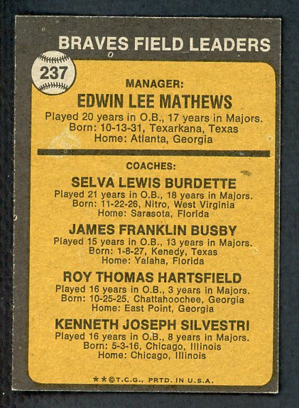 1973 Topps Baseball #237 Eddie Mathews Braves EX-MT 434008