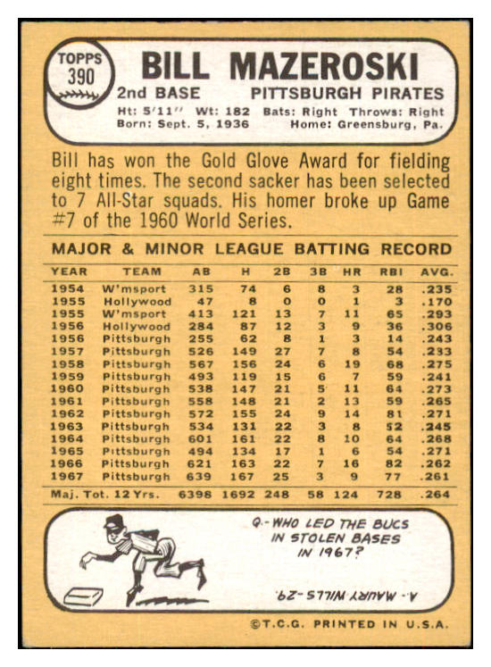 1968 Topps Baseball #390 Bill Mazeroski Pirates EX-MT 434571