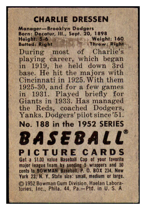 1952 Bowman Baseball #188 Charlie Dressen Dodgers EX-MT 434906