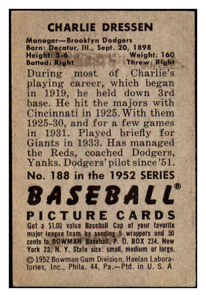 1952 Bowman Baseball #188 Charlie Dressen Dodgers EX-MT 434906