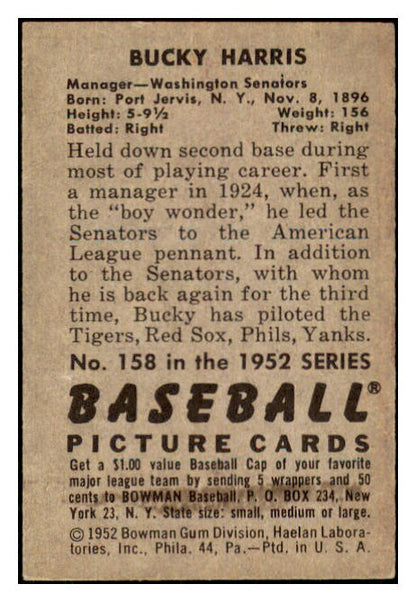 1952 Bowman Baseball #158 Bucky Harris Senators EX-MT 434969