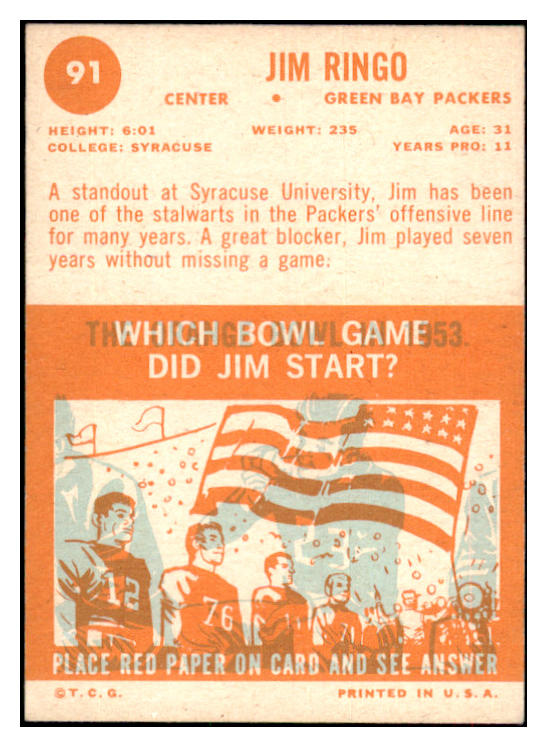 1963 Topps Football #091 Jim Ringo Packers EX-MT 435483
