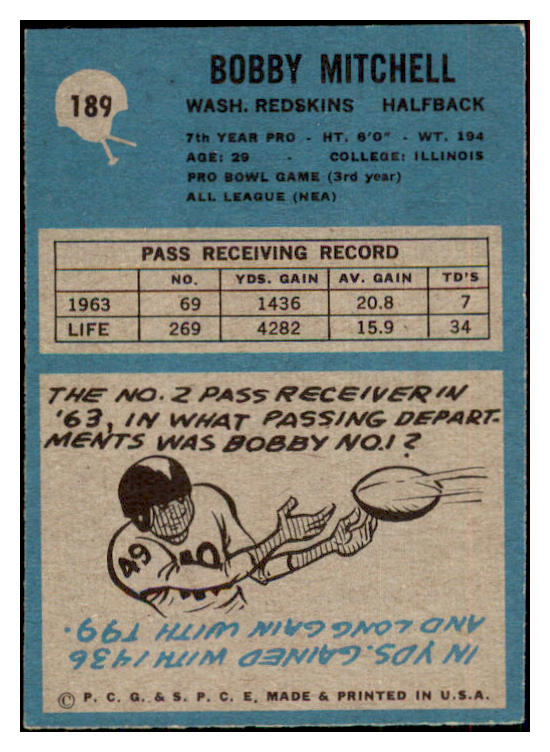 1964 Philadelphia #189 Bobby Mitchell Washington NR-MT 435512