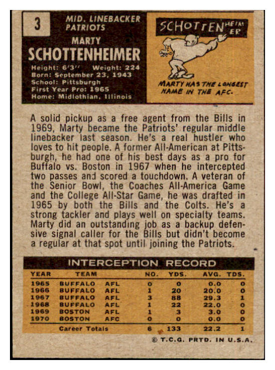1971 Topps Football #003 Marty Schottenheimer Patriots EX-MT 435568