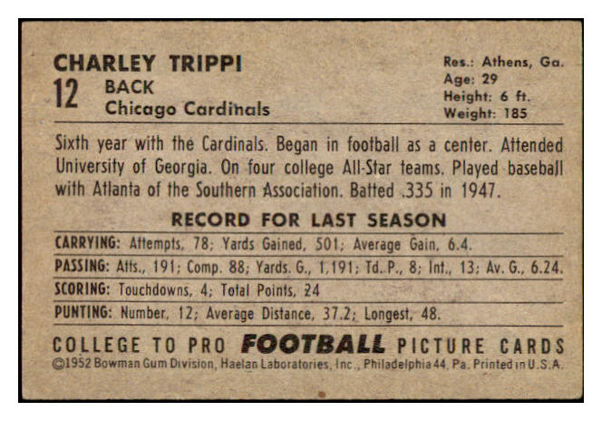 1952 Bowman Small Football #012 Charley Trippi Cardinals EX-MT 435924