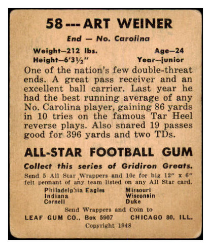 1948 Leaf Football #058 Art Weiner North Carolina VG-EX 436029