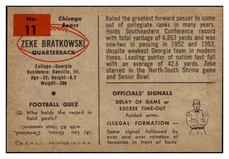 1954 Bowman Football #011 Zeke Bratkowski Bears NR-MT 436621