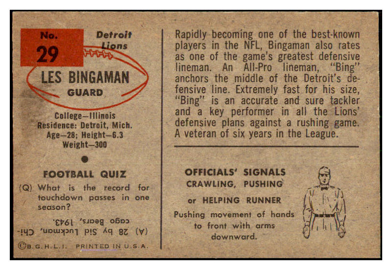 1954 Bowman Football #029 Les Bingaman Lions EX-MT 436627