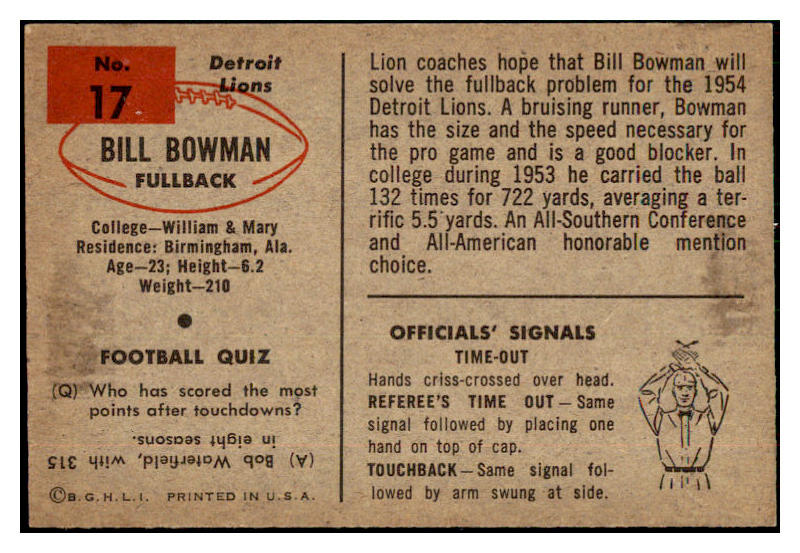 1954 Bowman Football #017 Bill Bowman Football Lions NR-MT 436674