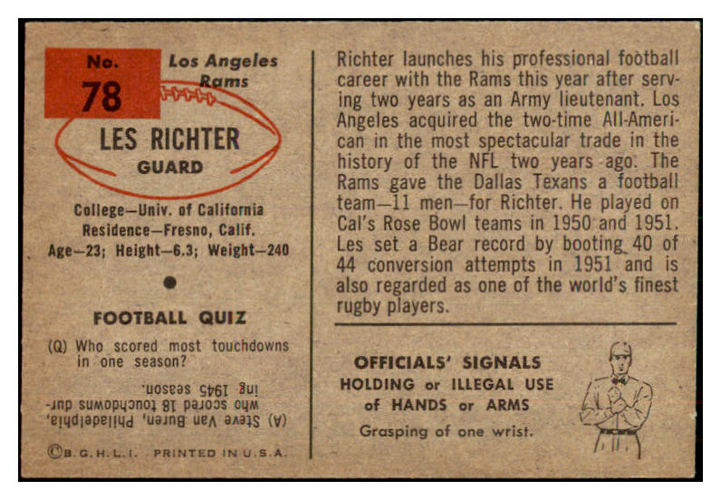 1954 Bowman Football #078 Les Richter Rams NR-MT 436729