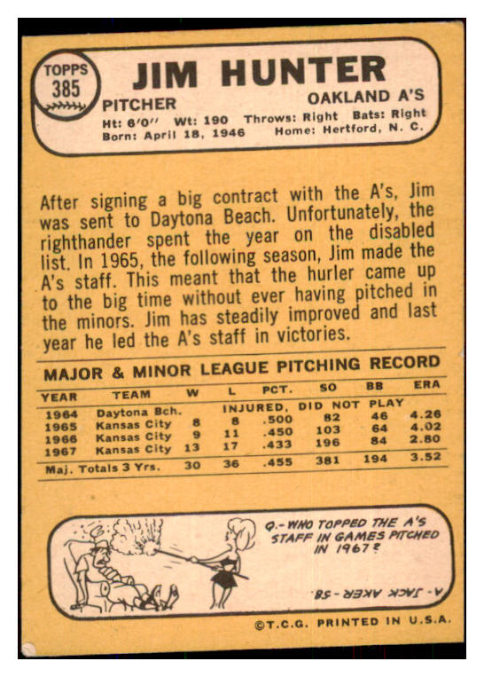 1968 Topps Baseball #385 Catfish Hunter A's VG-EX 436910