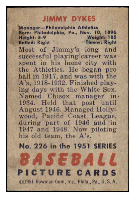 1951 Bowman Baseball #226 Jimmy Dykes A's VG 437037