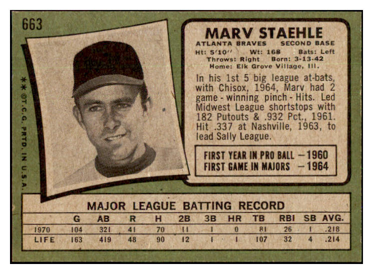 1971 Topps Baseball #663 Marv Staehle Braves EX-MT 437085