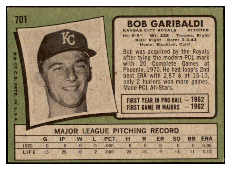 1971 Topps Baseball #701 Bob Garibaldi Royals EX-MT 437120
