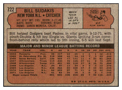 1972 Topps Baseball #722 Bill Sudakis Mets NR-MT 437164