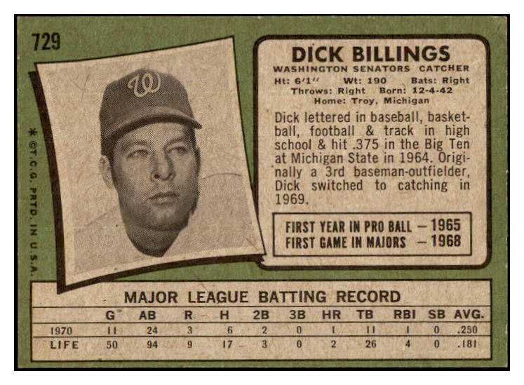 1971 Topps Baseball #729 Dick Billings Senators NR-MT 437210