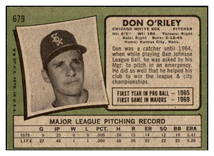 1971 Topps Baseball #679 Don O'riley White Sox NR-MT 437232