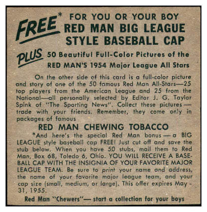 1954 Red Man #010NL Red Schoendienst Cardinals NR-MT No Tab 437406
