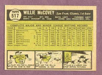 1961 Topps Baseball #517 Willie McCovey Giants NR-MT oc 438195