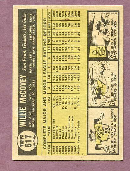 1961 Topps Baseball #517 Willie McCovey Giants VG 438323