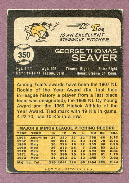 1973 Topps Baseball #350 Tom Seaver Mets VG 438340