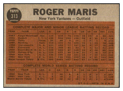 1962 Topps Baseball #313 Roger Maris IA Yankees EX-MT 439045