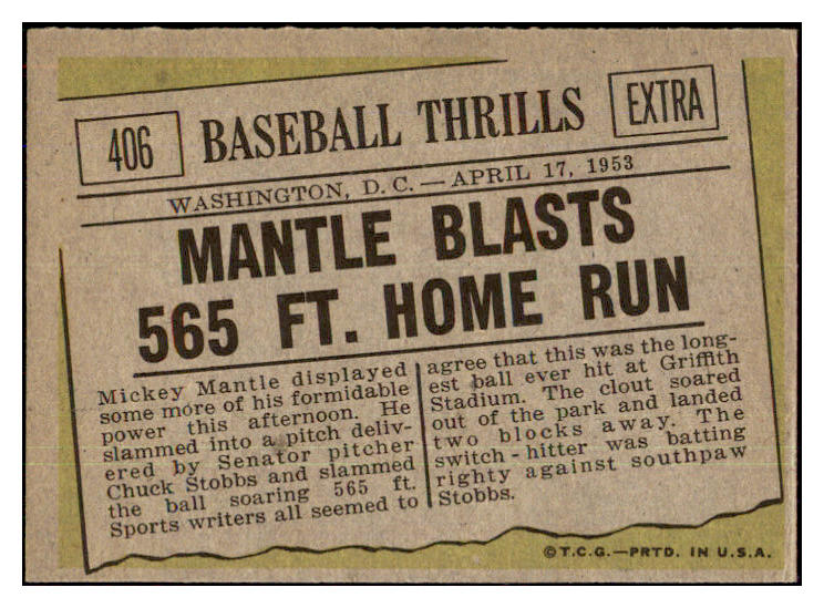 1961 Topps Baseball #406 Mickey Mantle IA Yankees NR-MT 439147