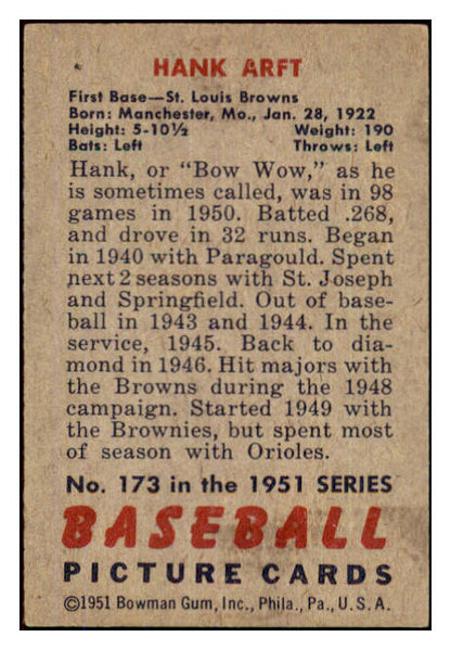 1951 Bowman Baseball #173 Hank Arft Browns EX-MT 439732