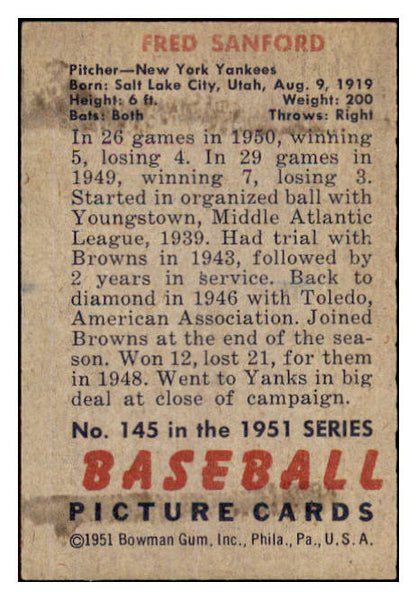 1951 Bowman Baseball #145 Fred Sanford Yankees EX-MT 439748