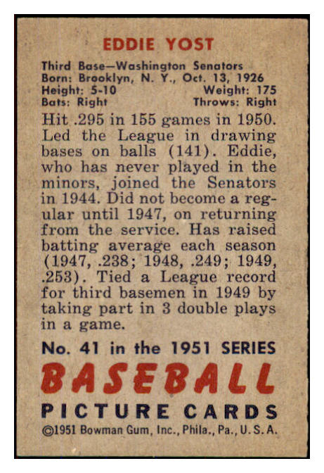 1951 Bowman Baseball #041 Eddie Yost Senators EX-MT 439812