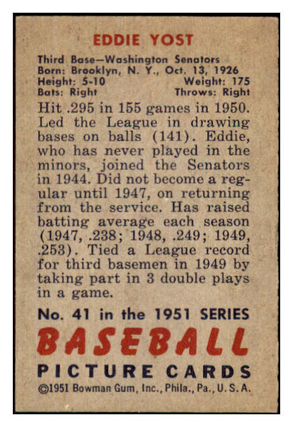 1951 Bowman Baseball #041 Eddie Yost Senators EX-MT 439812