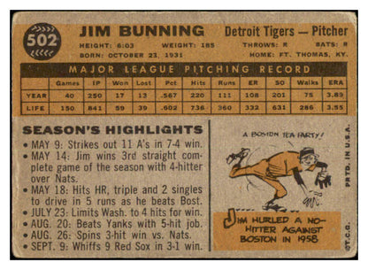 1960 Topps Baseball #502 Jim Bunning Tigers VG 440049
