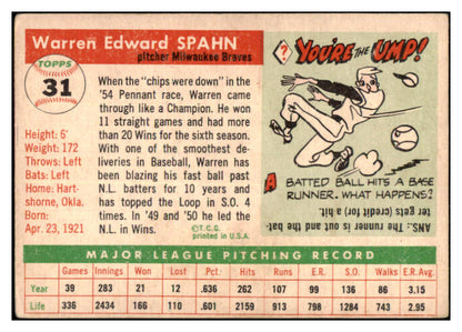 1955 Topps Baseball #031 Warren Spahn Braves VG 440197