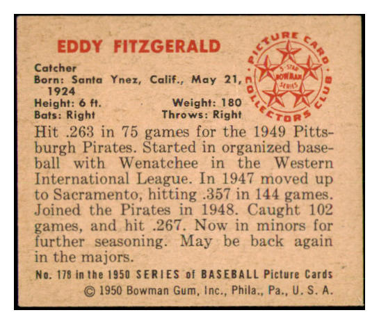 1950 Bowman Baseball #178 Ed Fitzgerald Pirates EX-MT 440209